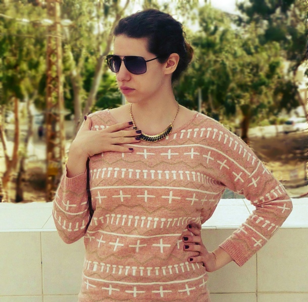 me wearing a peach cross-pattern sweater from chicwish