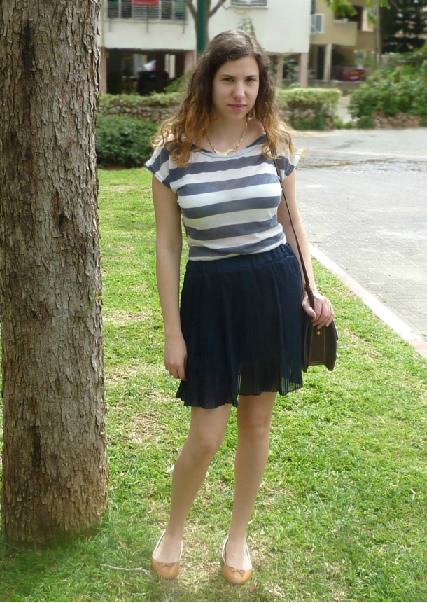 Blue pleated skirt and sailor striped top