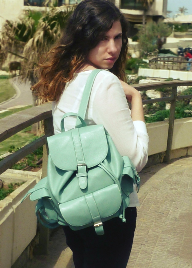 H&M white top and Romwe mint backpack