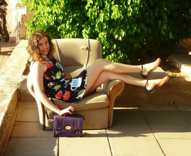 Teapot print dress and purple satchel